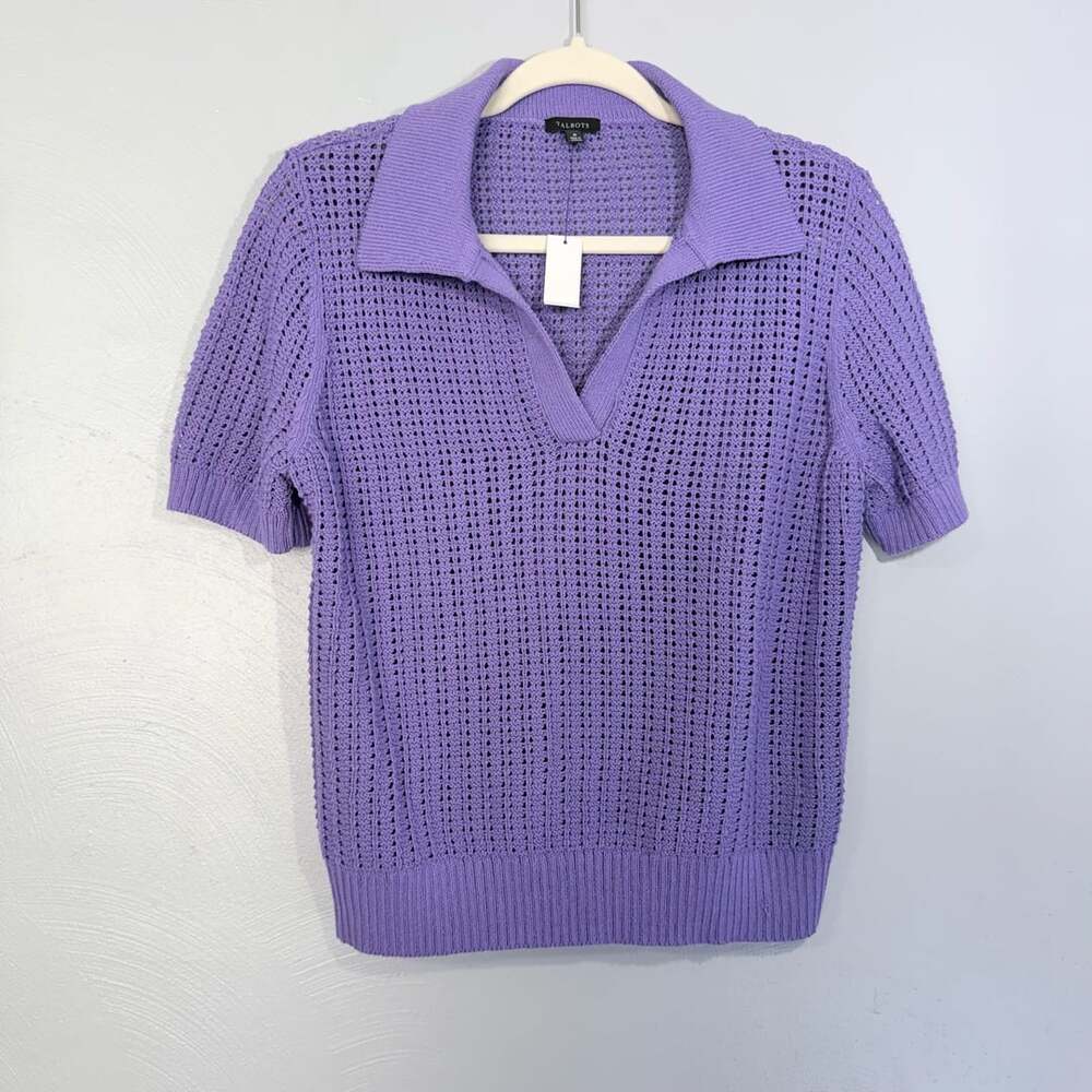Talbots Pointelle Stitch Polo Sweater Purple Medium